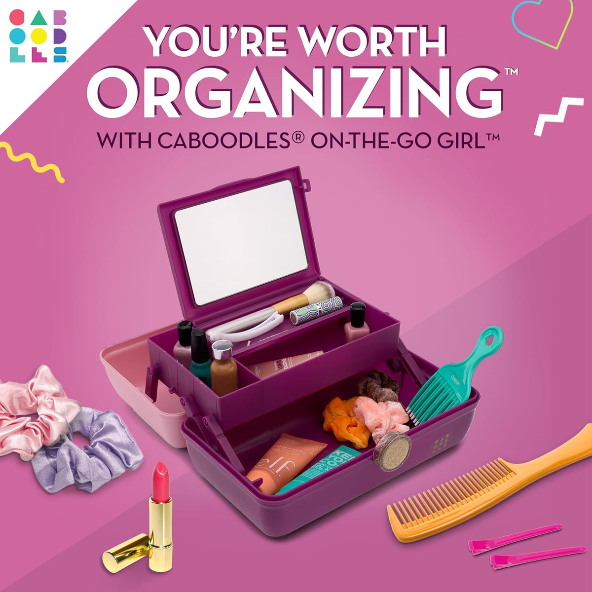 On-The-Go Girl Makeup Box, Hot Pink Sparkle, Hard Plastic Makeup Organizer Box, Built-In Mirror, Secure Latch for Safe Travel, Spacious Storage for Large Items