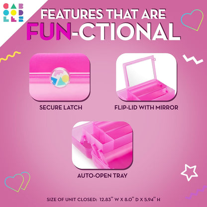On-The-Go Girl Makeup Box, Hot Pink Sparkle, Hard Plastic Makeup Organizer Box, Built-In Mirror, Secure Latch for Safe Travel, Spacious Storage for Large Items