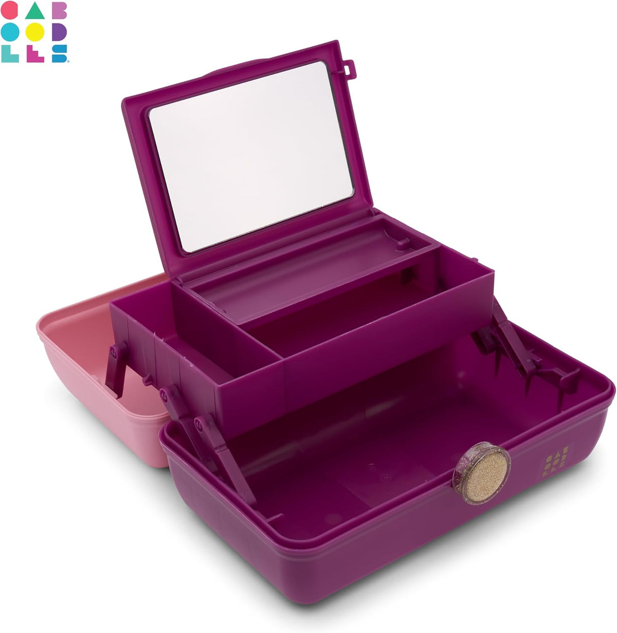 On-The-Go Girl Makeup Box, Hot Pink Sparkle, Hard Plastic Makeup Organizer Box, Built-In Mirror, Secure Latch for Safe Travel, Spacious Storage for Large Items