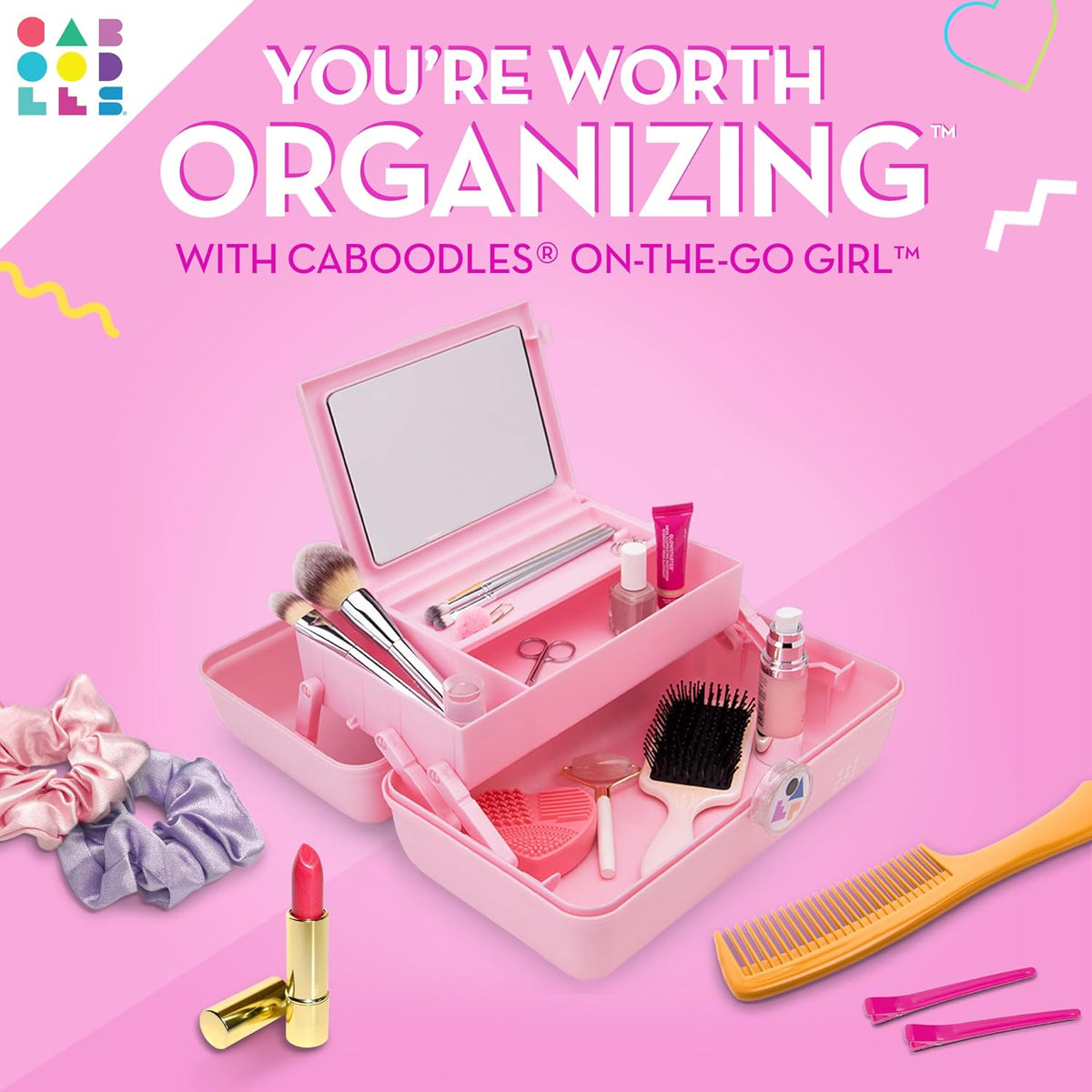 On-The-Go Girl Makeup Box, Hot Pink Sparkle, Hard Plastic Makeup Organizer Box, Built-In Mirror, Secure Latch for Safe Travel, Spacious Storage for Large Items