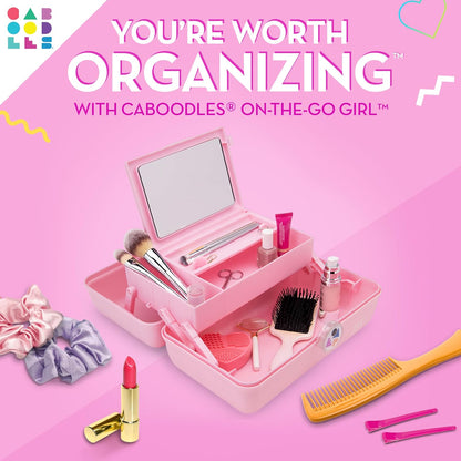 On-The-Go Girl Makeup Box, Hot Pink Sparkle, Hard Plastic Makeup Organizer Box, Built-In Mirror, Secure Latch for Safe Travel, Spacious Storage for Large Items