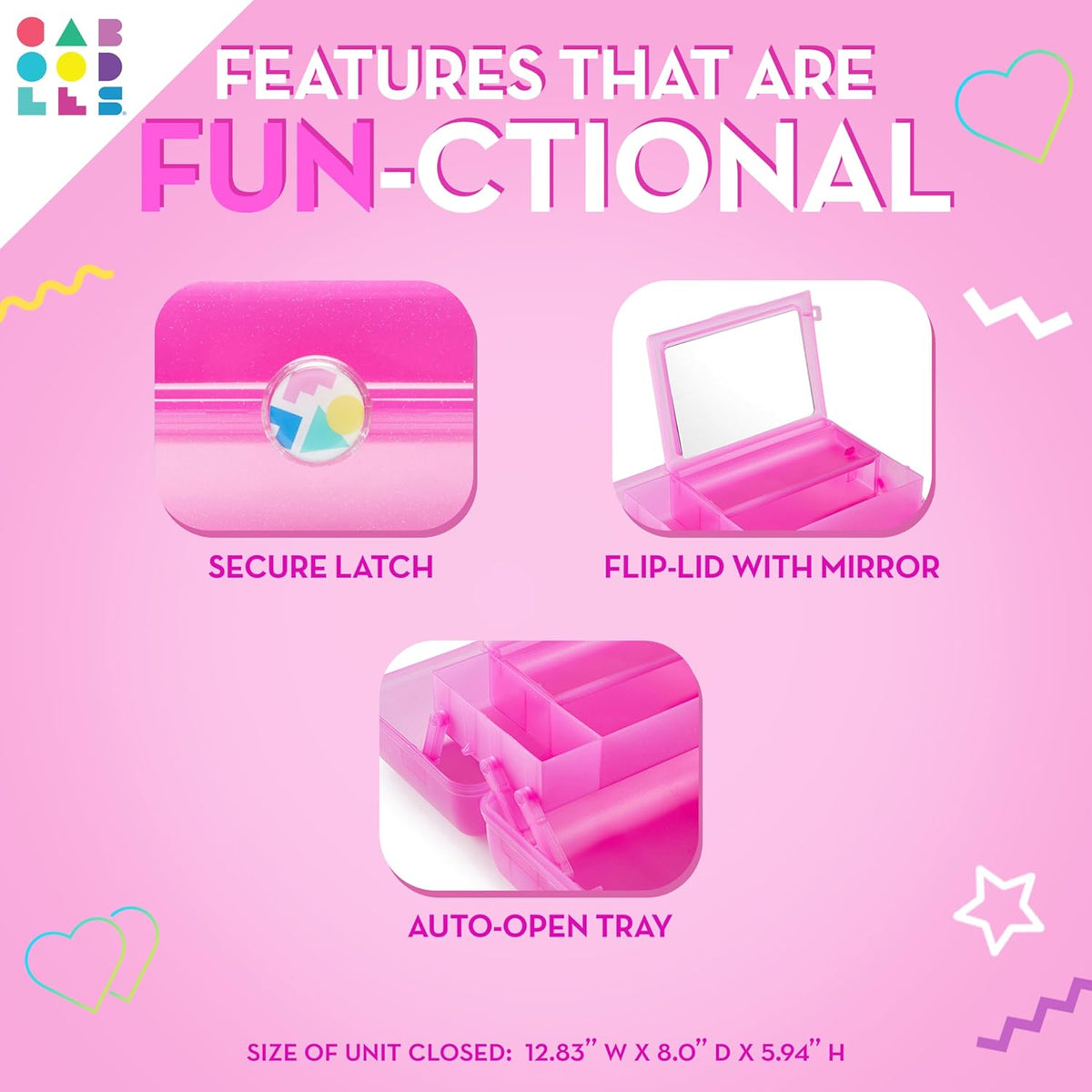 On-The-Go Girl Makeup Box, Hot Pink Sparkle, Hard Plastic Makeup Organizer Box, Built-In Mirror, Secure Latch for Safe Travel, Spacious Storage for Large Items