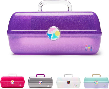 On-The-Go Girl Makeup Box, Hot Pink Sparkle, Hard Plastic Makeup Organizer Box, Built-In Mirror, Secure Latch for Safe Travel, Spacious Storage for Large Items