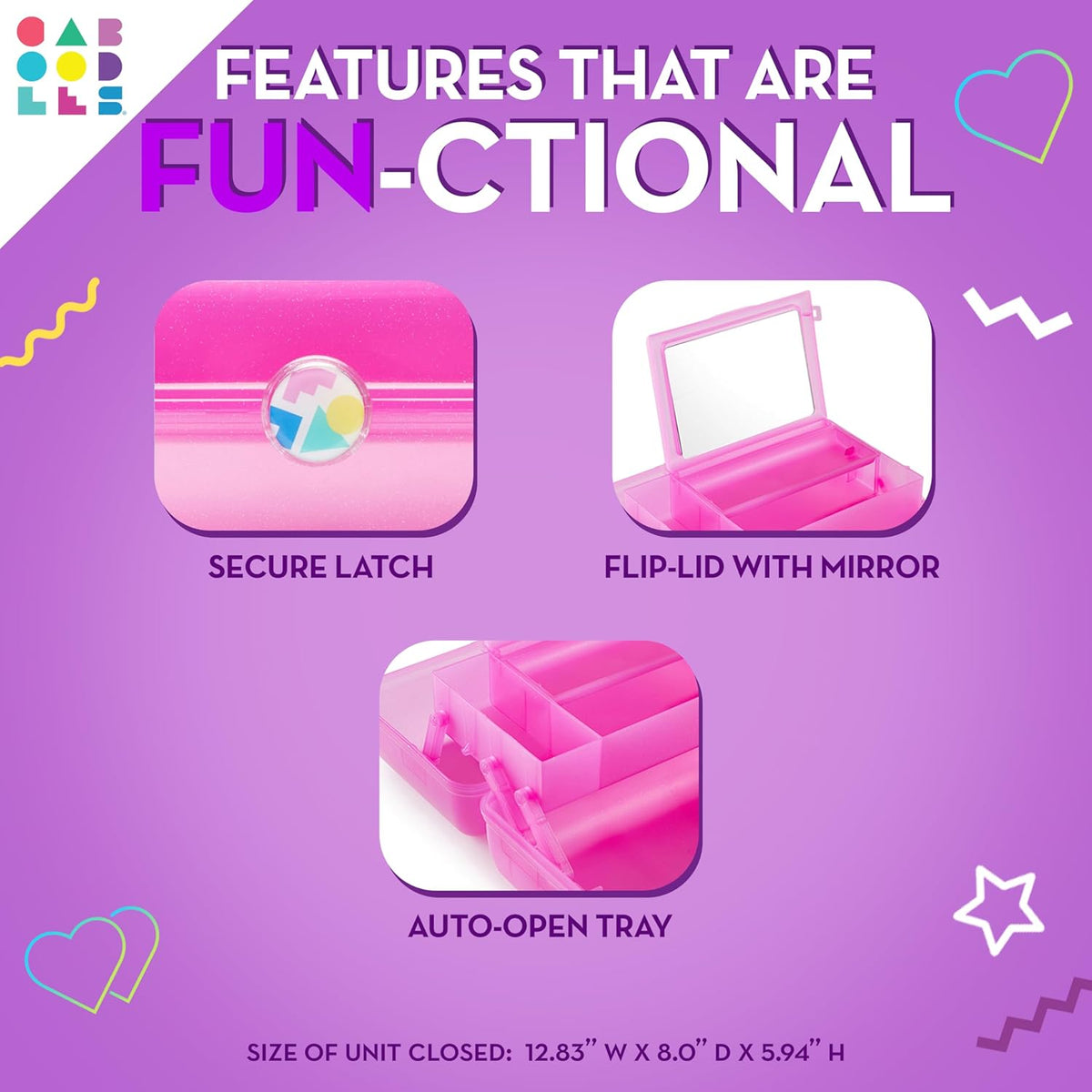 On-The-Go Girl Makeup Box, Hot Pink Sparkle, Hard Plastic Makeup Organizer Box, Built-In Mirror, Secure Latch for Safe Travel, Spacious Storage for Large Items