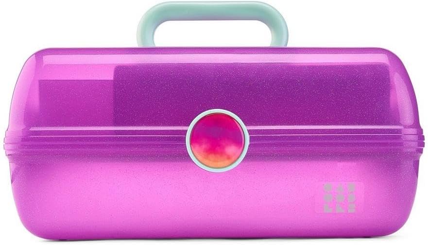 On-The-Go Girl Makeup Box, Hot Pink Sparkle, Hard Plastic Makeup Organizer Box, Built-In Mirror, Secure Latch for Safe Travel, Spacious Storage for Large Items