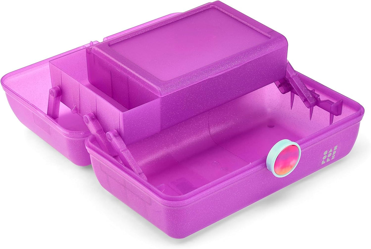On-The-Go Girl Makeup Box, Hot Pink Sparkle, Hard Plastic Makeup Organizer Box, Built-In Mirror, Secure Latch for Safe Travel, Spacious Storage for Large Items