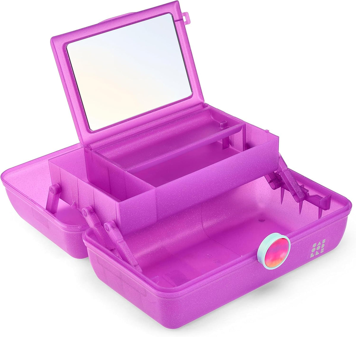 On-The-Go Girl Makeup Box, Hot Pink Sparkle, Hard Plastic Makeup Organizer Box, Built-In Mirror, Secure Latch for Safe Travel, Spacious Storage for Large Items