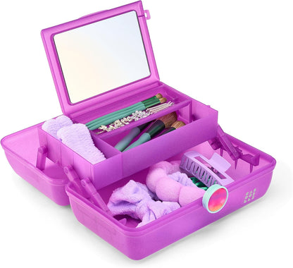 On-The-Go Girl Makeup Box, Hot Pink Sparkle, Hard Plastic Makeup Organizer Box, Built-In Mirror, Secure Latch for Safe Travel, Spacious Storage for Large Items