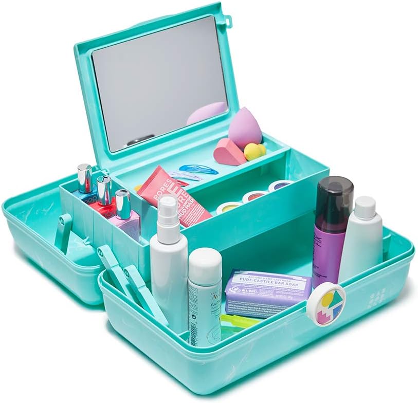 On-The-Go Girl Makeup Box, Hot Pink Sparkle, Hard Plastic Makeup Organizer Box, Built-In Mirror, Secure Latch for Safe Travel, Spacious Storage for Large Items