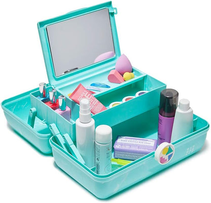 On-The-Go Girl Makeup Box, Hot Pink Sparkle, Hard Plastic Makeup Organizer Box, Built-In Mirror, Secure Latch for Safe Travel, Spacious Storage for Large Items