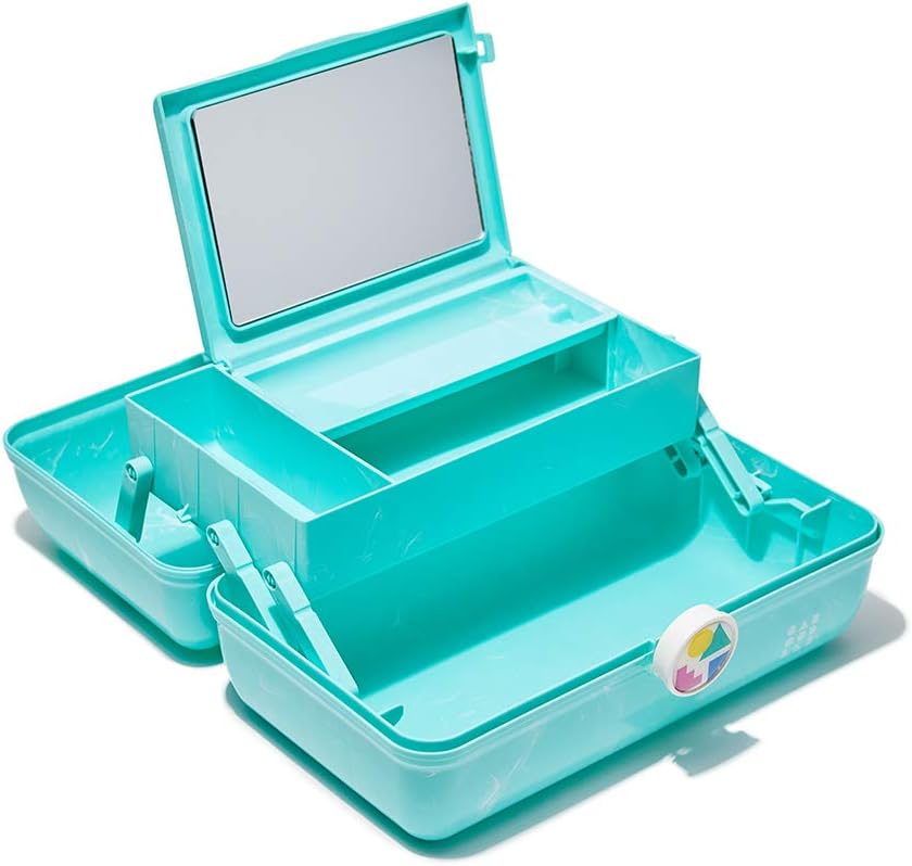 On-The-Go Girl Makeup Box, Hot Pink Sparkle, Hard Plastic Makeup Organizer Box, Built-In Mirror, Secure Latch for Safe Travel, Spacious Storage for Large Items