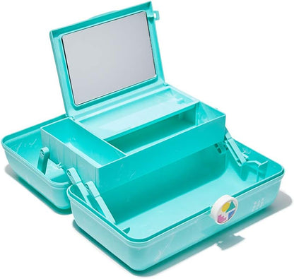 On-The-Go Girl Makeup Box, Hot Pink Sparkle, Hard Plastic Makeup Organizer Box, Built-In Mirror, Secure Latch for Safe Travel, Spacious Storage for Large Items