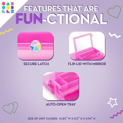 On-The-Go Girl Makeup Box, Hot Pink Sparkle, Hard Plastic Makeup Organizer Box, Built-In Mirror, Secure Latch for Safe Travel, Spacious Storage for Large Items