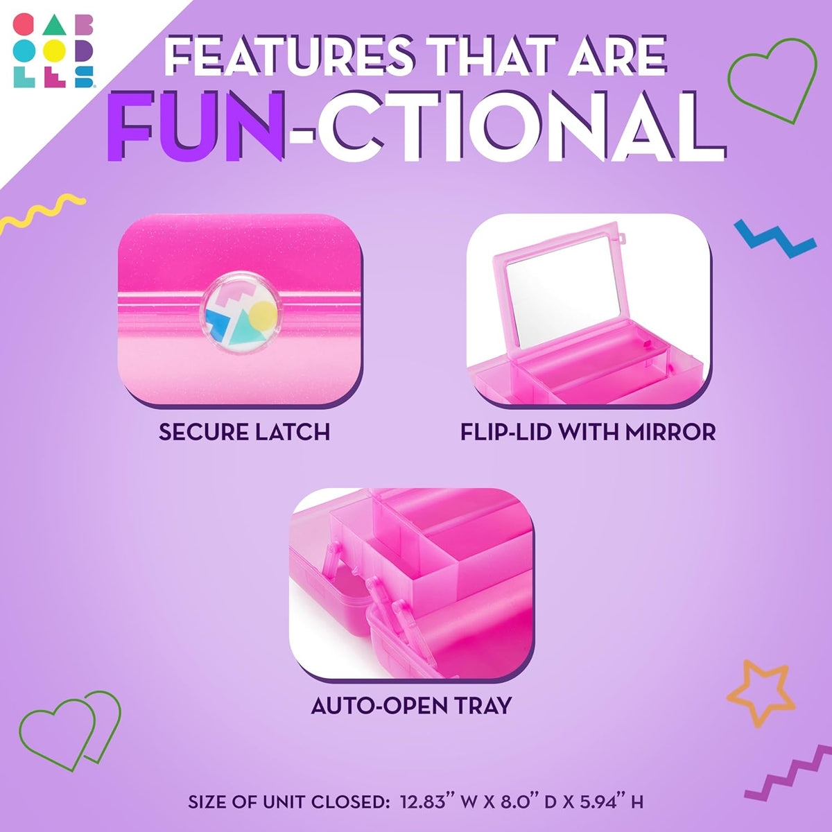 On-The-Go Girl Makeup Box, Hot Pink Sparkle, Hard Plastic Makeup Organizer Box, Built-In Mirror, Secure Latch for Safe Travel, Spacious Storage for Large Items