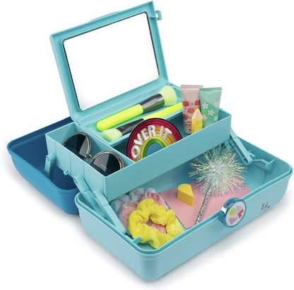 On-The-Go Girl Makeup Box, Hot Pink Sparkle, Hard Plastic Makeup Organizer Box, Built-In Mirror, Secure Latch for Safe Travel, Spacious Storage for Large Items