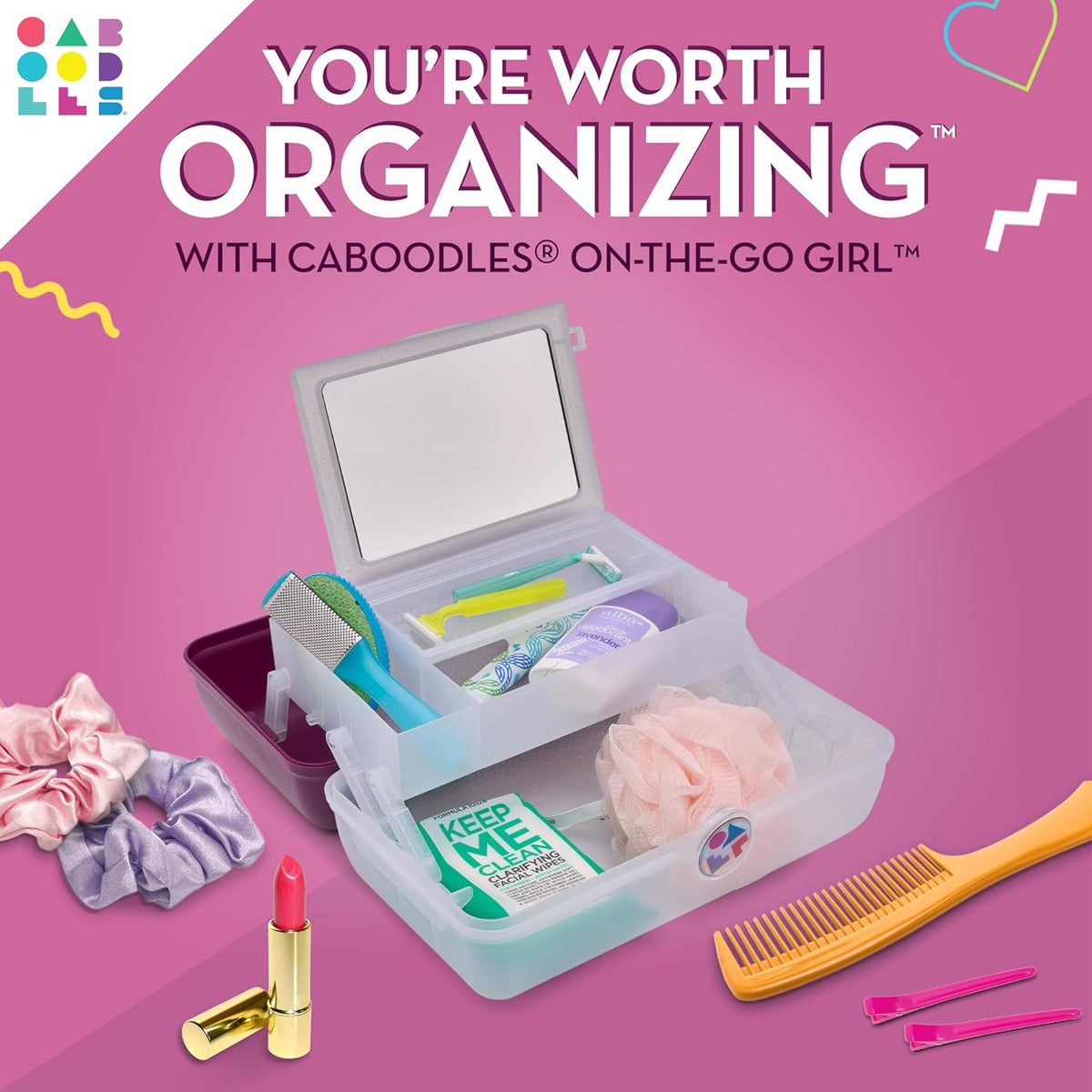 On-The-Go Girl Makeup Box, Hot Pink Sparkle, Hard Plastic Makeup Organizer Box, Built-In Mirror, Secure Latch for Safe Travel, Spacious Storage for Large Items
