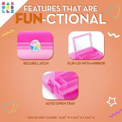 On-The-Go Girl Makeup Box, Hot Pink Sparkle, Hard Plastic Makeup Organizer Box, Built-In Mirror, Secure Latch for Safe Travel, Spacious Storage for Large Items