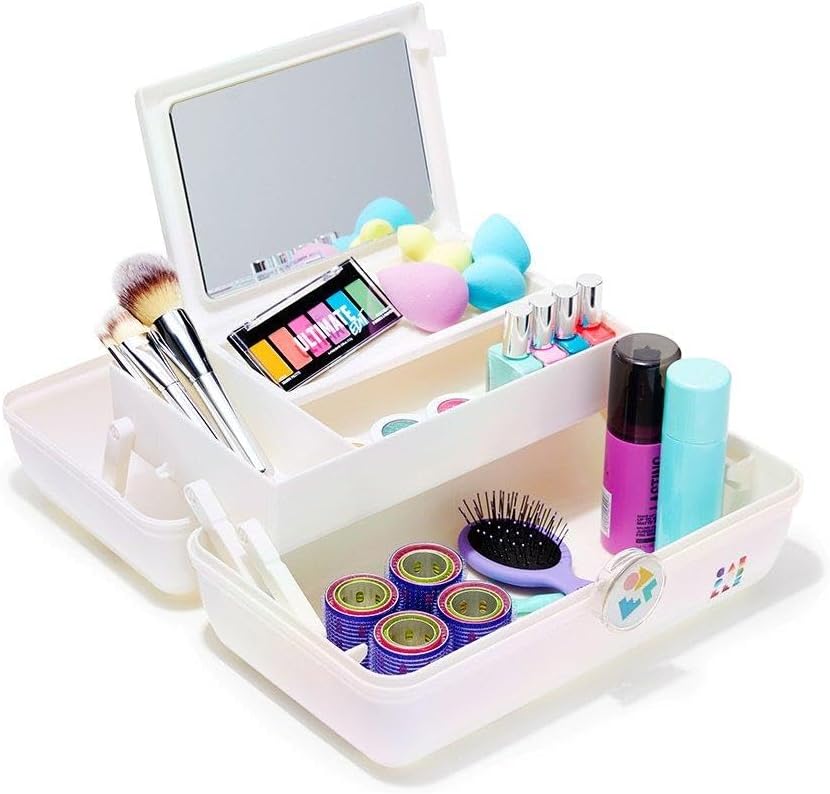 On-The-Go Girl Makeup Box, Hot Pink Sparkle, Hard Plastic Makeup Organizer Box, Built-In Mirror, Secure Latch for Safe Travel, Spacious Storage for Large Items
