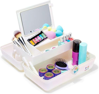 On-The-Go Girl Makeup Box, Hot Pink Sparkle, Hard Plastic Makeup Organizer Box, Built-In Mirror, Secure Latch for Safe Travel, Spacious Storage for Large Items