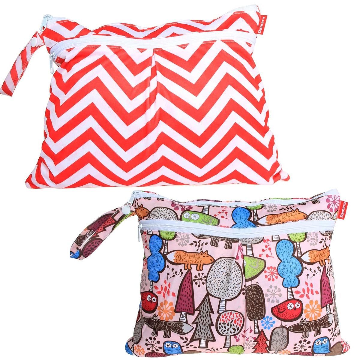2Pack Waterproof Wet Bag, Reusable Wet Dry Bag Organizer for Travel, Beach, Diapers, Breast Pump Parts and Wet Swimsuits, Tree+Red Chevron
