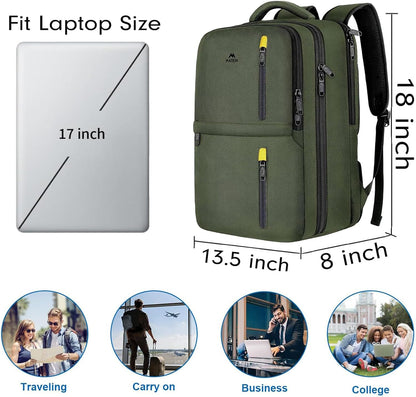 Carry on Travel Laptop Backpack, Large Personal Item Travel Backpack | Flight Approved, Shoe Compartment, Water Resistant, Weekender Overnight Bag, Fit 17 Inch Laptop, Green