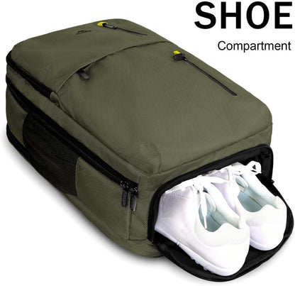 Carry on Travel Laptop Backpack, Large Personal Item Travel Backpack | Flight Approved, Shoe Compartment, Water Resistant, Weekender Overnight Bag, Fit 17 Inch Laptop, Green