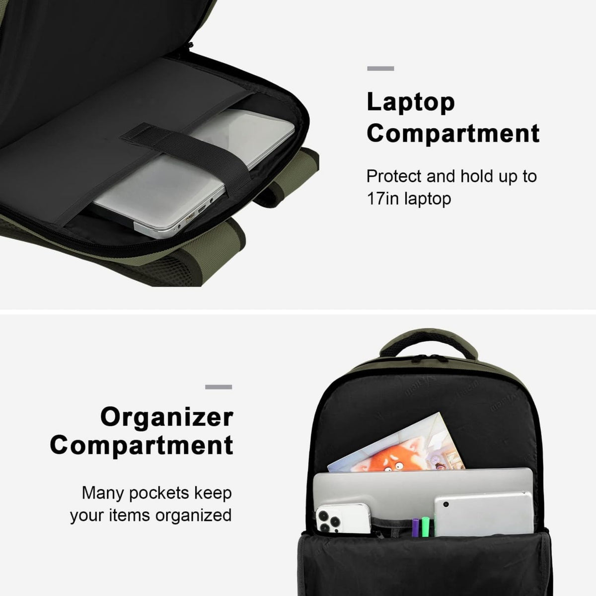 Carry on Travel Laptop Backpack, Large Personal Item Travel Backpack | Flight Approved, Shoe Compartment, Water Resistant, Weekender Overnight Bag, Fit 17 Inch Laptop, Green