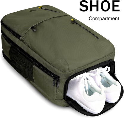 Carry on Travel Laptop Backpack, Large Personal Item Travel Backpack | Flight Approved, Shoe Compartment, Water Resistant, Weekender Overnight Bag, Fit 17 Inch Laptop, Green
