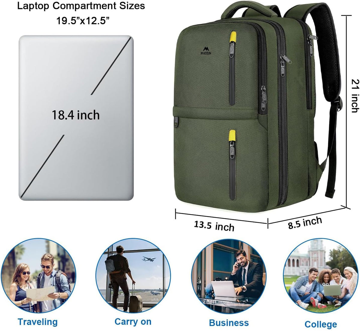 Carry on Travel Laptop Backpack, Large Personal Item Travel Backpack | Flight Approved, Shoe Compartment, Water Resistant, Weekender Overnight Bag, Fit 17 Inch Laptop, Green