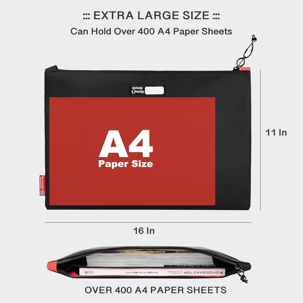 Rough Enough Important Document Organizer Bag, Water Resistant File Holder | 16x11 Inch, Black Tear-Resistant Tarpaulin, Waterproof YKK Zipper, 2 Compartments, for Office & Travel A4/Legal Paper Storage