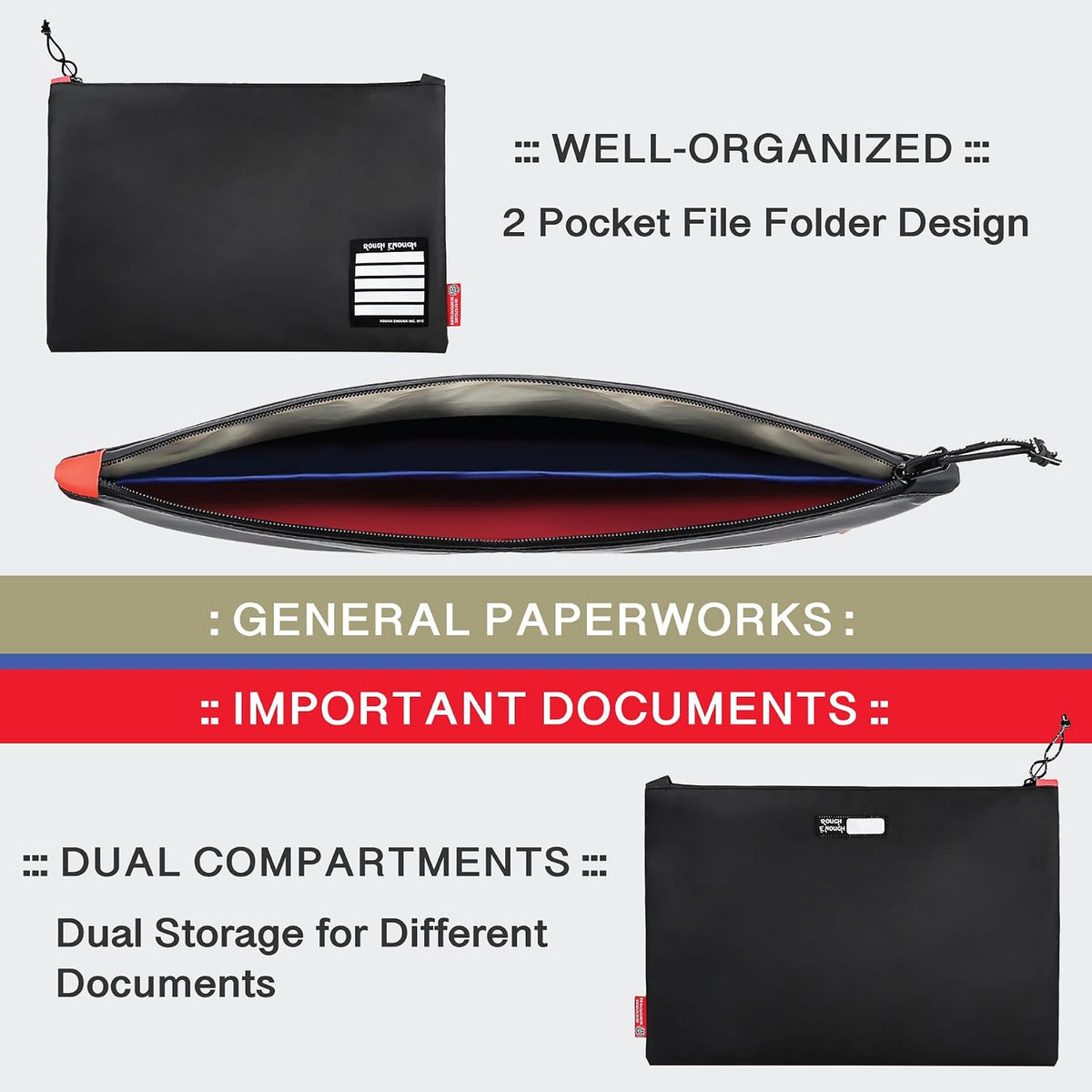 Rough Enough Important Document Organizer Bag, Water Resistant File Holder | 16x11 Inch, Black Tear-Resistant Tarpaulin, Waterproof YKK Zipper, 2 Compartments, for Office & Travel A4/Legal Paper Storage