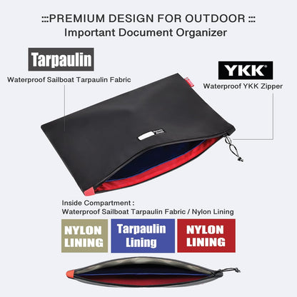 Rough Enough Important Document Organizer Bag, Water Resistant File Holder | 16x11 Inch, Black Tear-Resistant Tarpaulin, Waterproof YKK Zipper, 2 Compartments, for Office & Travel A4/Legal Paper Storage
