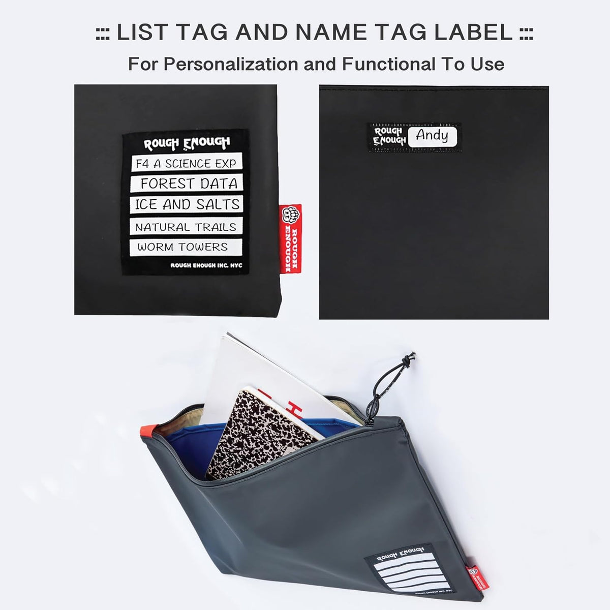 Rough Enough Important Document Organizer Bag, Water Resistant File Holder | 16x11 Inch, Black Tear-Resistant Tarpaulin, Waterproof YKK Zipper, 2 Compartments, for Office & Travel A4/Legal Paper Storage