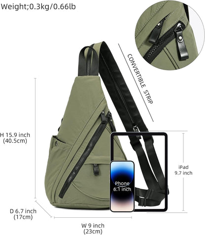 Crossbody Sling Backpack Nylon Cross Body Bag Travel Hiking Shoulder Bags Daypack Rucksack Unisex (Olive Green)