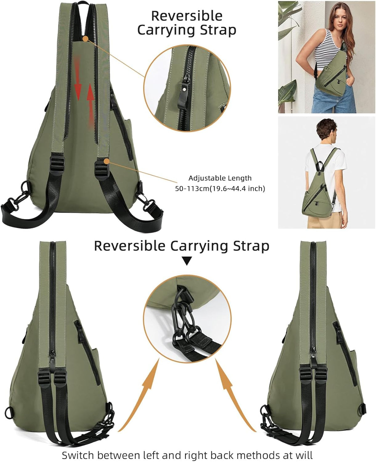 Crossbody Sling Backpack Nylon Cross Body Bag Travel Hiking Shoulder Bags Daypack Rucksack Unisex (Olive Green)