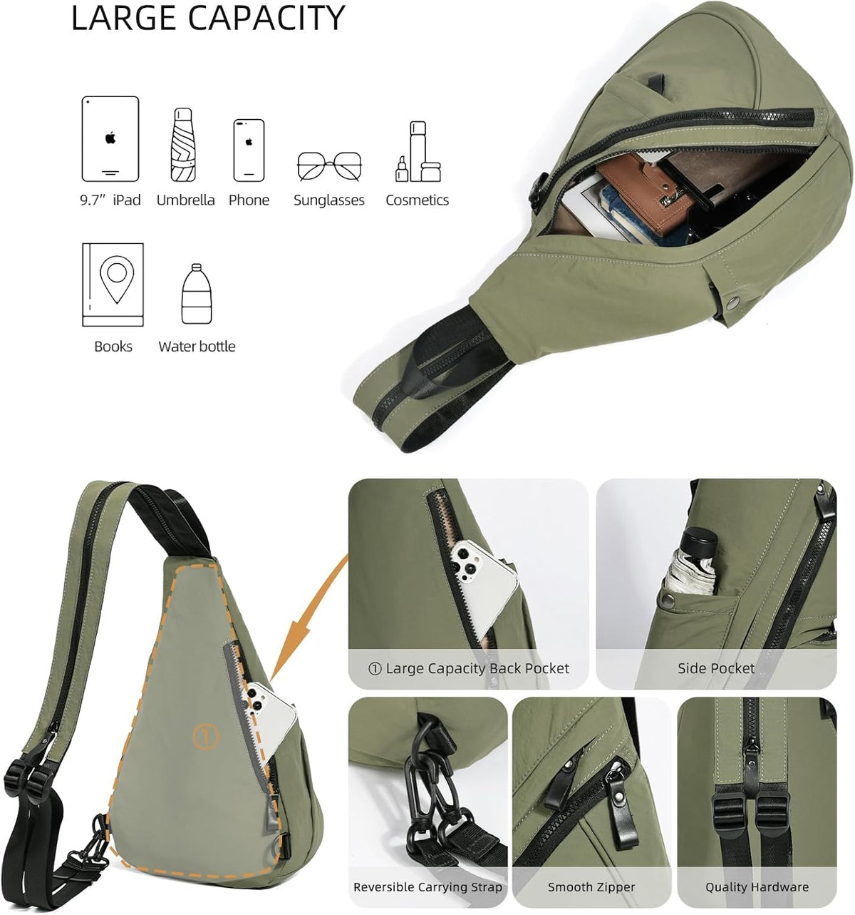 Crossbody Sling Backpack Nylon Cross Body Bag Travel Hiking Shoulder Bags Daypack Rucksack Unisex (Olive Green)
