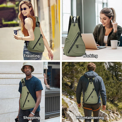 Crossbody Sling Backpack Nylon Cross Body Bag Travel Hiking Shoulder Bags Daypack Rucksack Unisex (Olive Green)