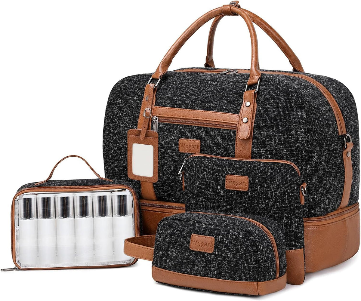 4PCS Weekender Bags for Women Large Overnight Weekend Travel Duffel Carry on Shoulder with Shoe Compartment Canvas Toiletry Bag for Travel Business Gym