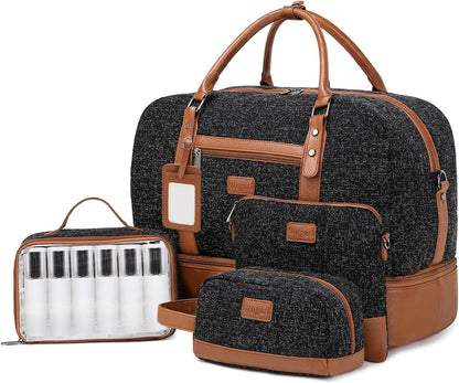 4PCS Weekender Bags for Women Large Overnight Weekend Travel Duffel Carry on Shoulder with Shoe Compartment Canvas Toiletry Bag for Travel Business Gym