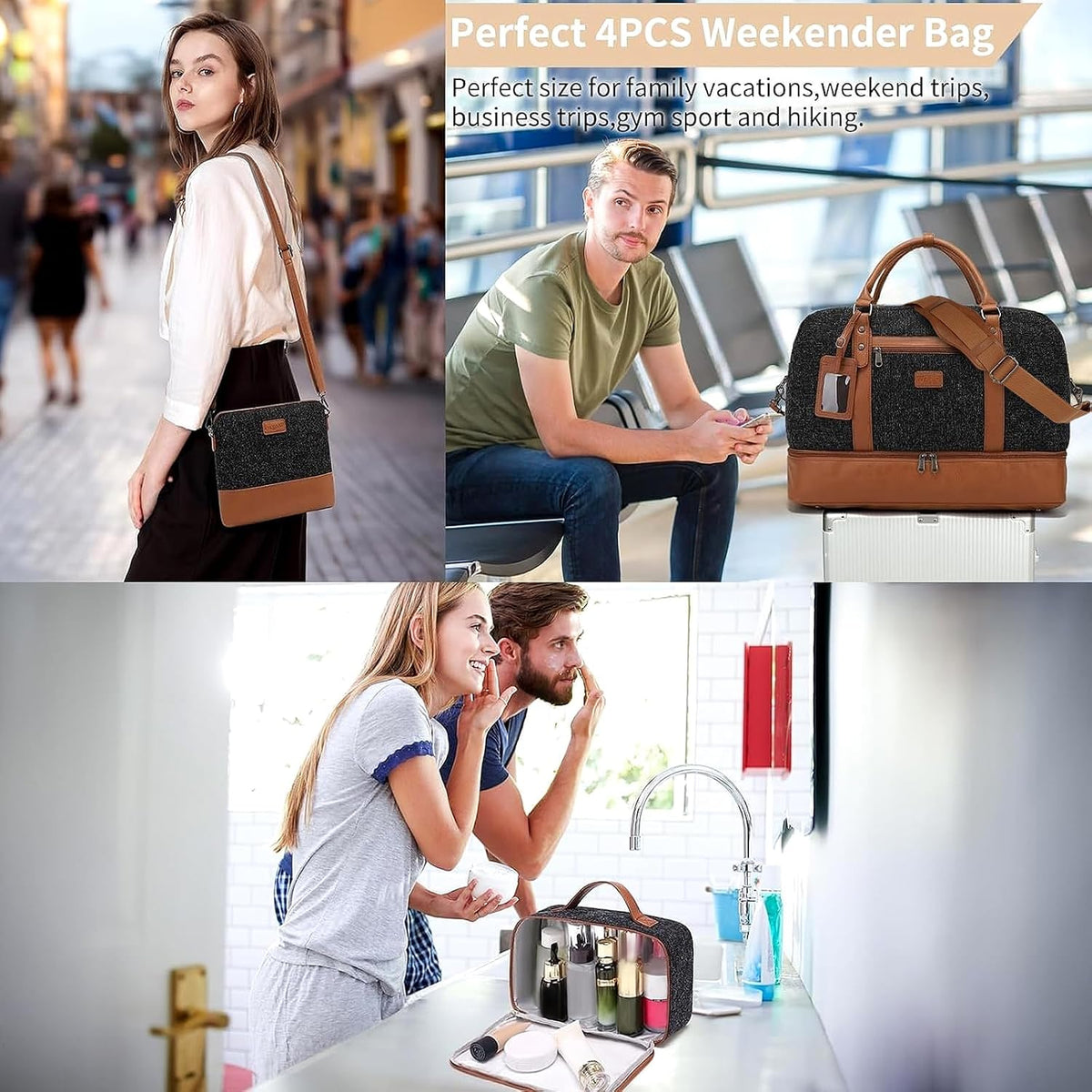4PCS Weekender Bags for Women Large Overnight Weekend Travel Duffel Carry on Shoulder with Shoe Compartment Canvas Toiletry Bag for Travel Business Gym