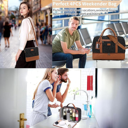 4PCS Weekender Bags for Women Large Overnight Weekend Travel Duffel Carry on Shoulder with Shoe Compartment Canvas Toiletry Bag for Travel Business Gym