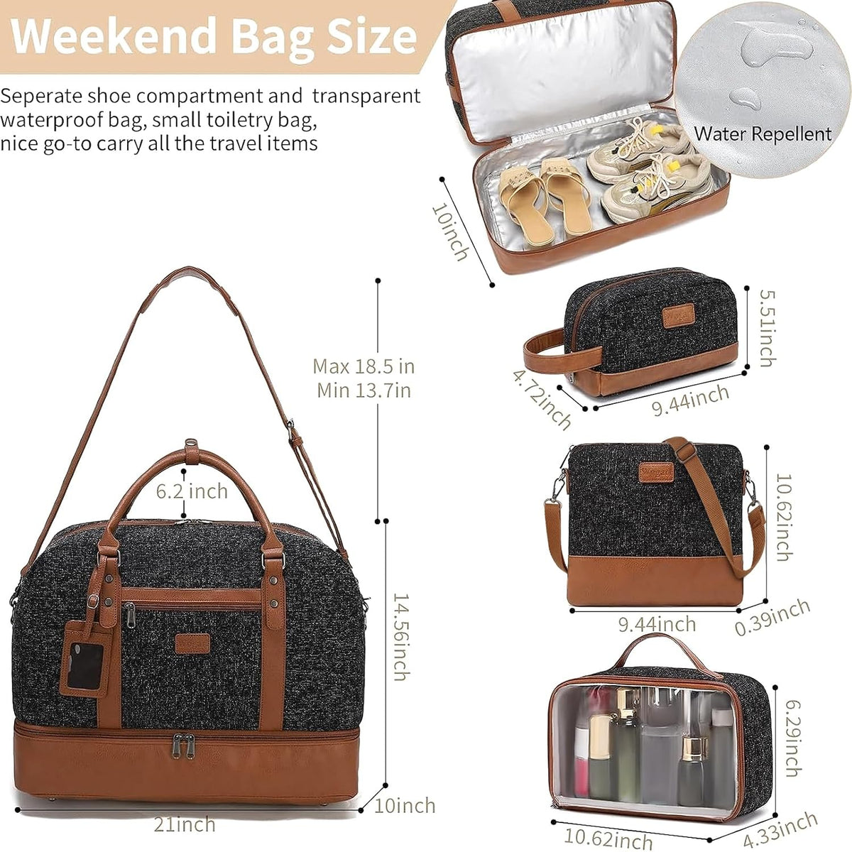 4PCS Weekender Bags for Women Large Overnight Weekend Travel Duffel Carry on Shoulder with Shoe Compartment Canvas Toiletry Bag for Travel Business Gym