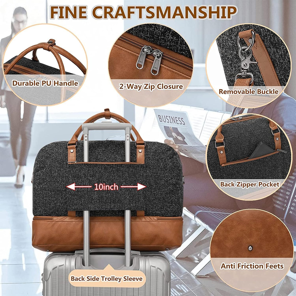 4PCS Weekender Bags for Women Large Overnight Weekend Travel Duffel Carry on Shoulder with Shoe Compartment Canvas Toiletry Bag for Travel Business Gym