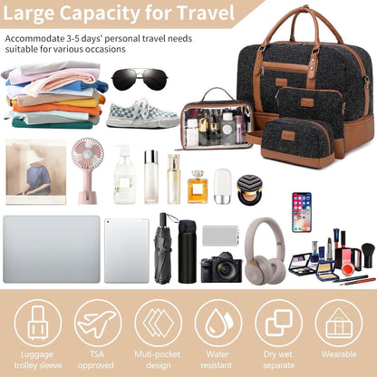 4PCS Weekender Bags for Women Large Overnight Weekend Travel Duffel Carry on Shoulder with Shoe Compartment Canvas Toiletry Bag for Travel Business Gym