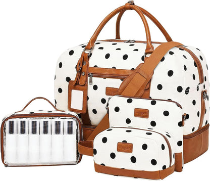 4PCS Weekender Bags for Women Large Overnight Weekend Travel Duffel Carry on Shoulder with Shoe Compartment Canvas Toiletry Bag for Travel Business Gym