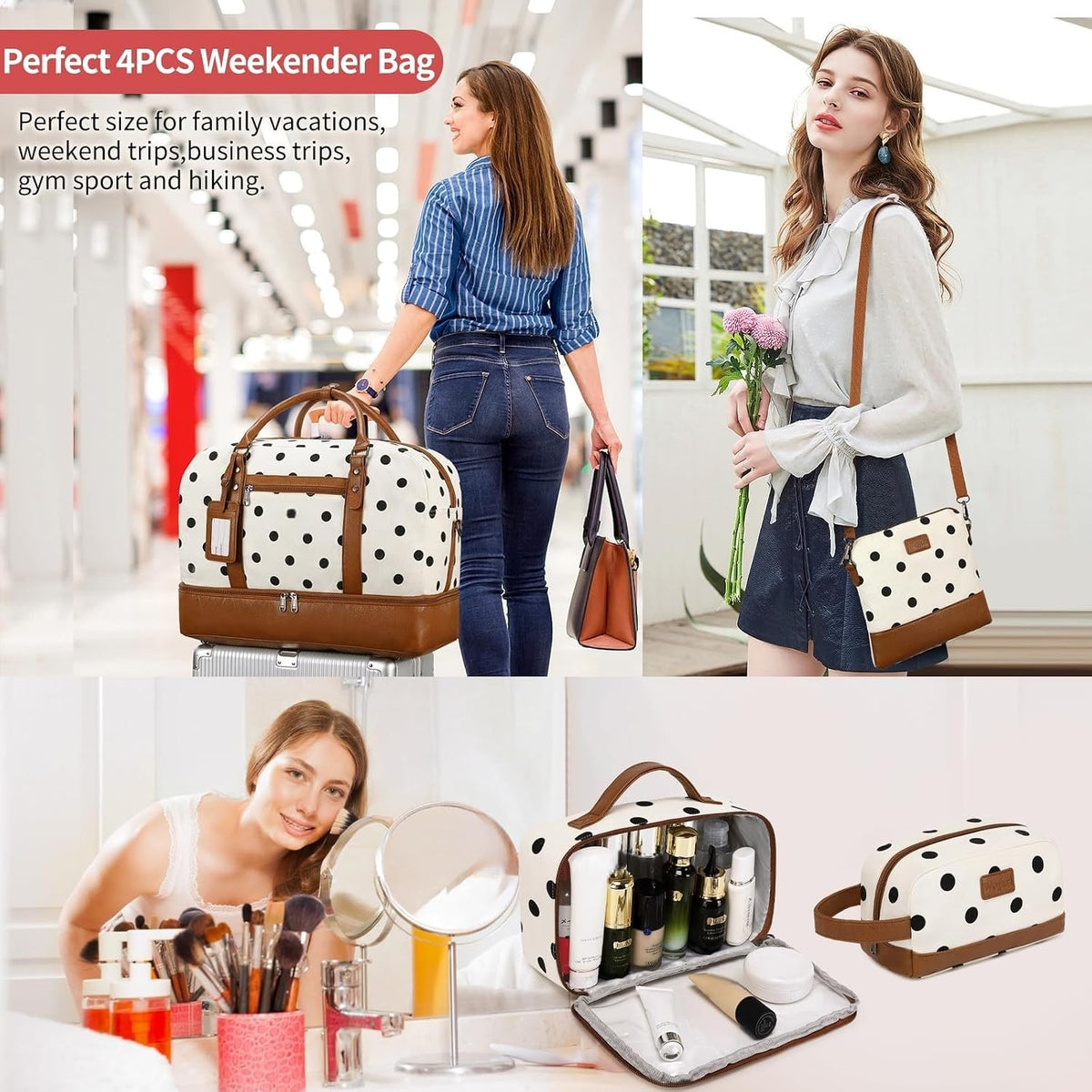 4PCS Weekender Bags for Women Large Overnight Weekend Travel Duffel Carry on Shoulder with Shoe Compartment Canvas Toiletry Bag for Travel Business Gym
