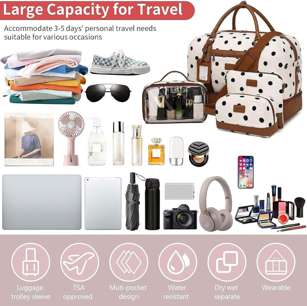 4PCS Weekender Bags for Women Large Overnight Weekend Travel Duffel Carry on Shoulder with Shoe Compartment Canvas Toiletry Bag for Travel Business Gym
