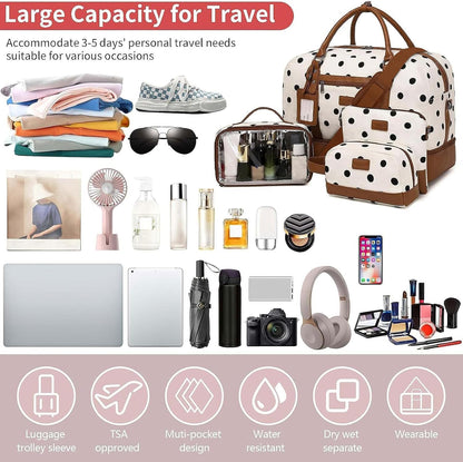 4PCS Weekender Bags for Women Large Overnight Weekend Travel Duffel Carry on Shoulder with Shoe Compartment Canvas Toiletry Bag for Travel Business Gym