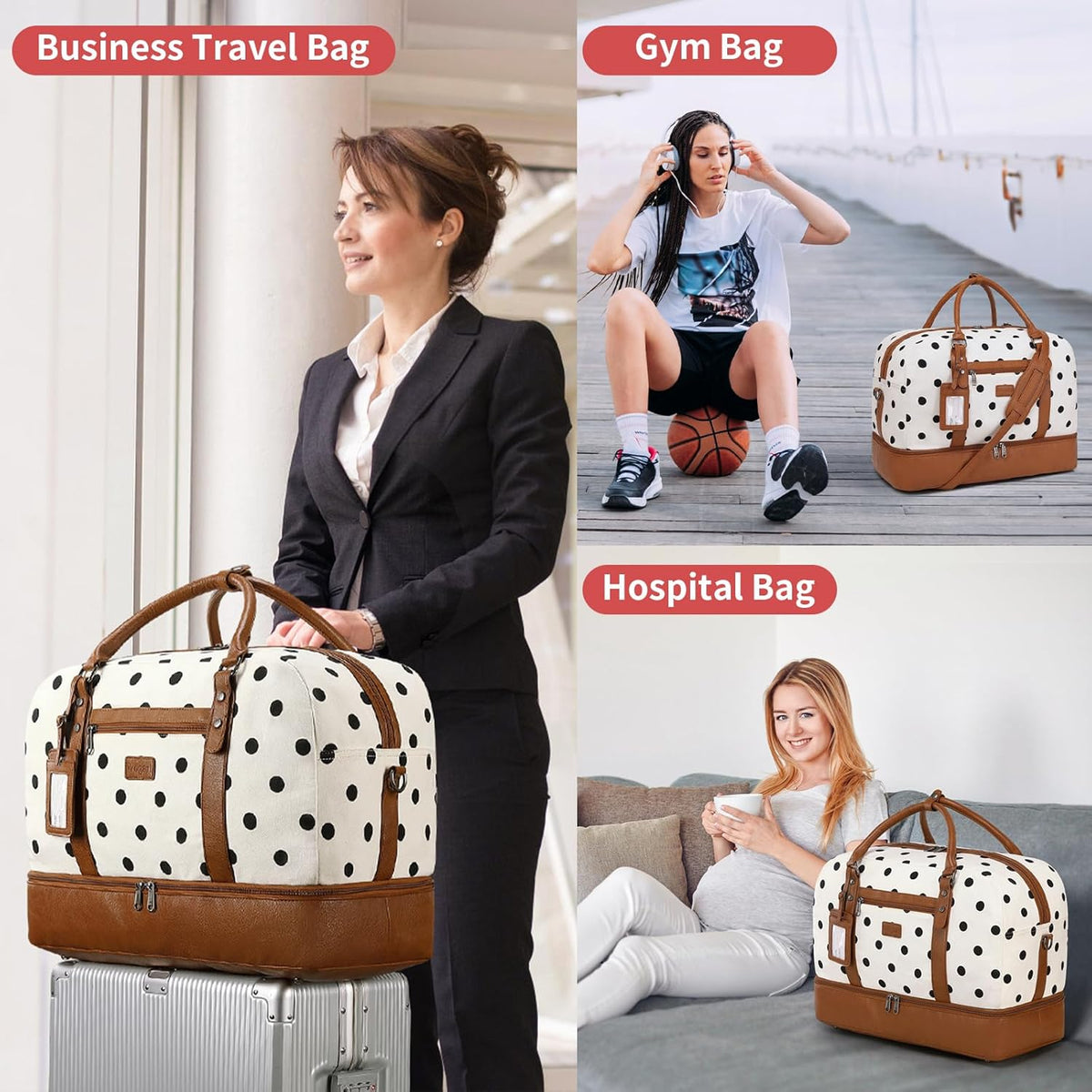4PCS Weekender Bags for Women Large Overnight Weekend Travel Duffel Carry on Shoulder with Shoe Compartment Canvas Toiletry Bag for Travel Business Gym
