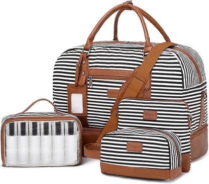 4PCS Weekender Bags for Women Large Overnight Weekend Travel Duffel Carry on Shoulder with Shoe Compartment Canvas Toiletry Bag for Travel Business Gym